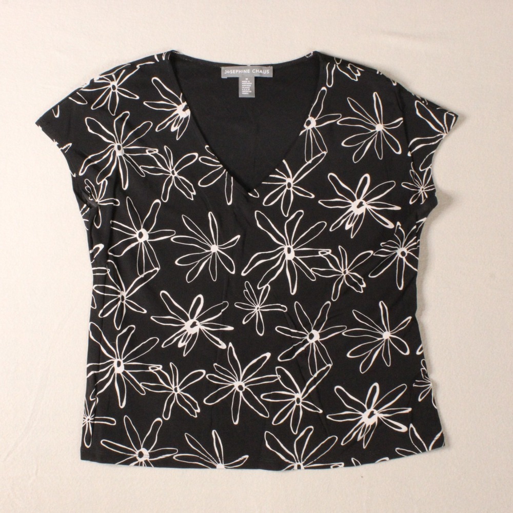 Josephine Chaus Black White Floral Print V-Neck Top Size M